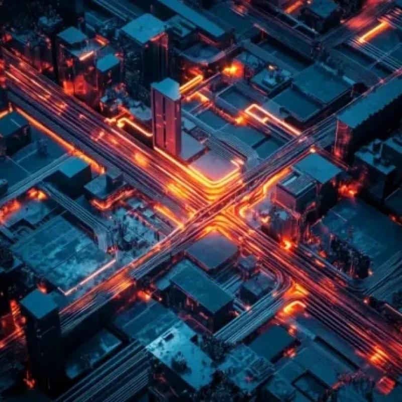 Generated Aerial photograph of interconnected modern architecture depicting the interconnectivity of systems and cities.