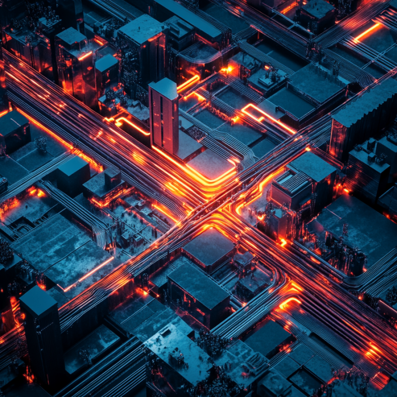 Generated Aerial photograph of interconnected modern architecture depicting the interconnectivity of systems and cities.